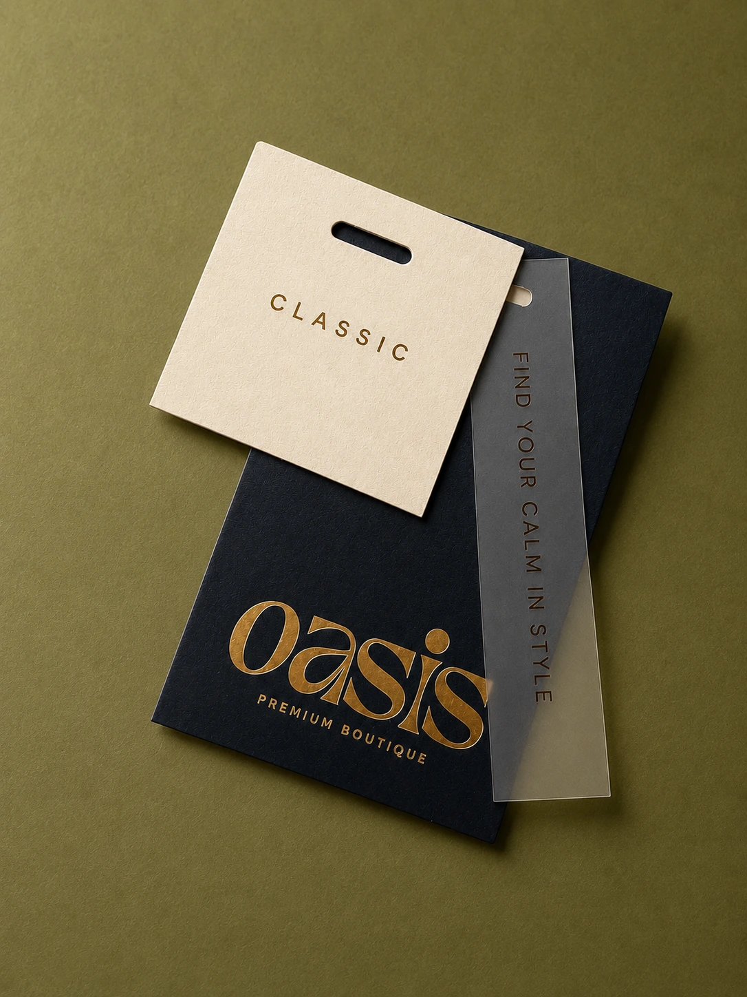 Three-piece printed hang tag set for a fashion brand