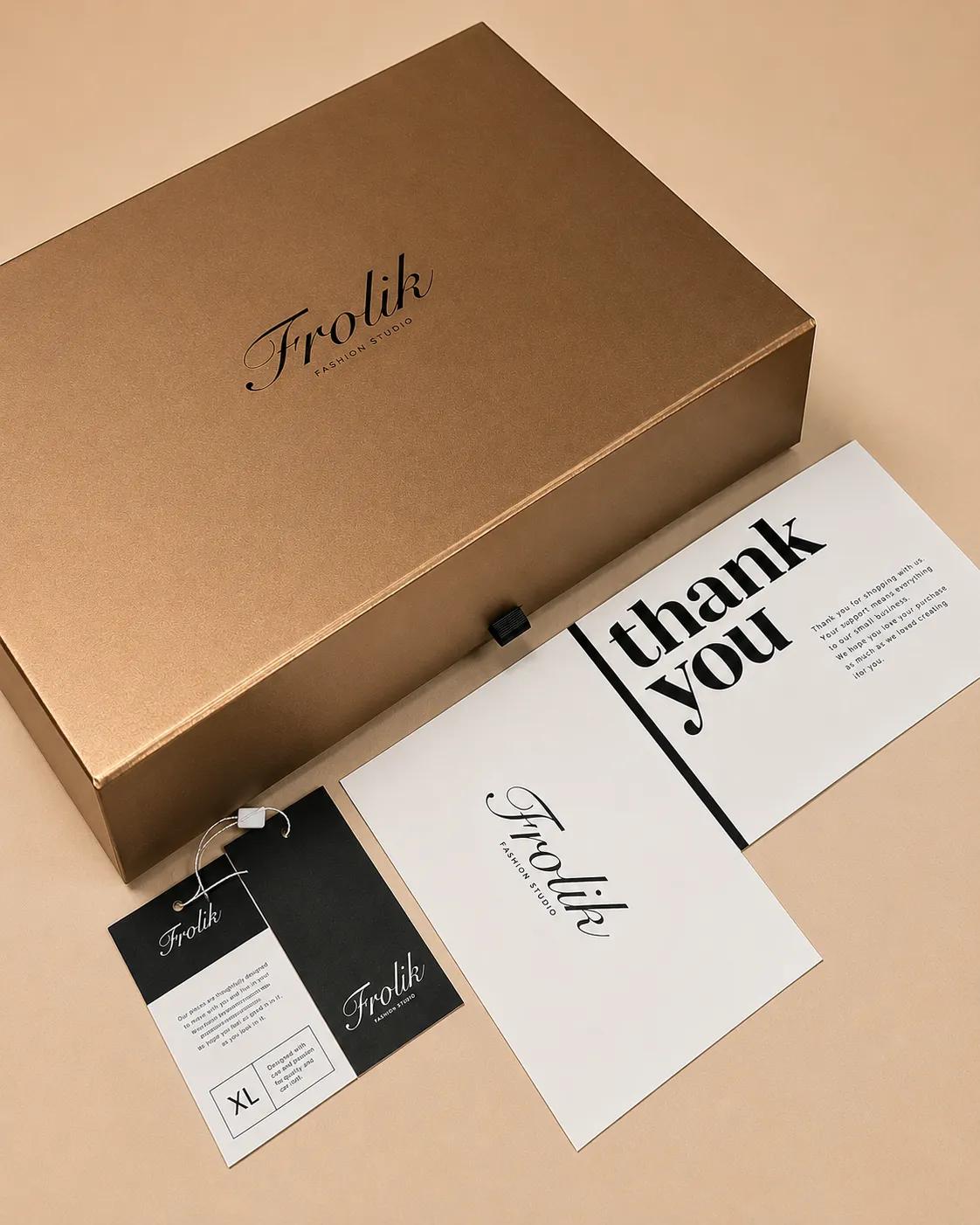 Complete fashion brand packaging suite arranged for an unboxing presentation